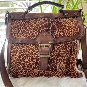 Fossil Brown Giraffe Print Haircalf Leather Satchel Brass Buckle Crossbody